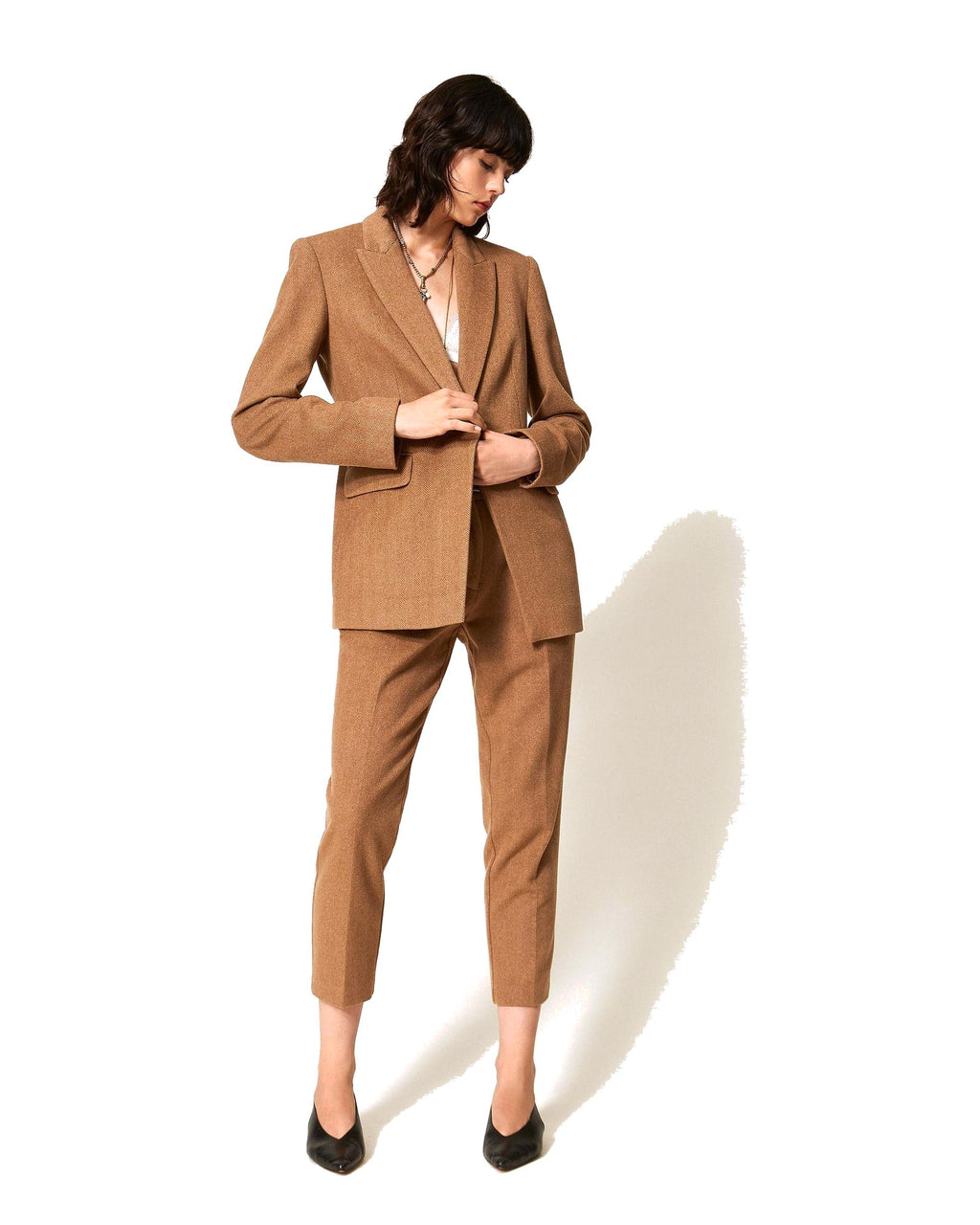 Twinset Milano pantaloni a sigaretta in misto lana chevron, colore Toffee Herringbone, vista principale