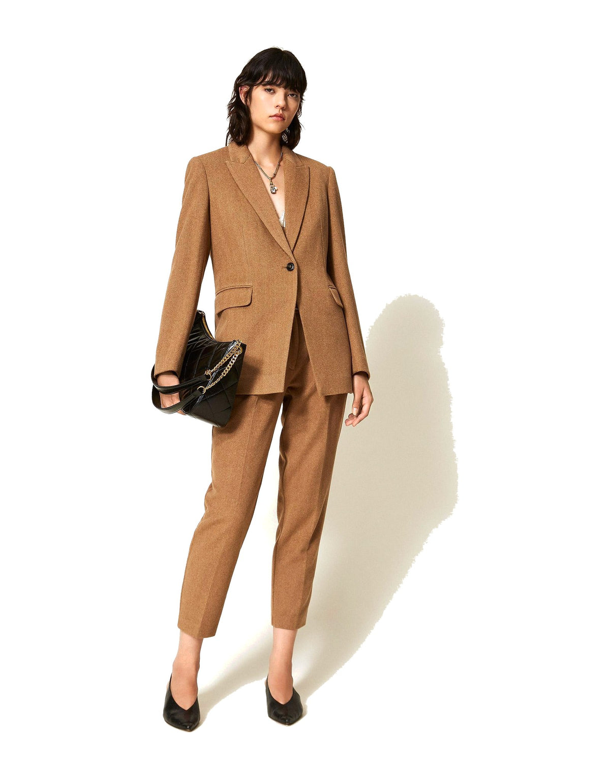 Twinset Milano pantaloni a sigaretta in misto lana chevron, colore Toffee Herringbone, immagine 2 di 6