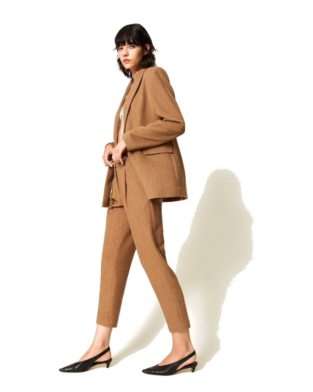 Twinset Milano pantaloni a sigaretta in misto lana chevron, colore Toffee Herringbone, immagine 3 di 6