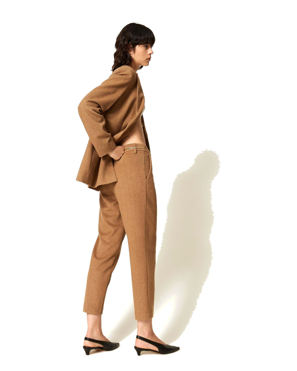 Twinset Milano pantaloni a sigaretta in misto lana chevron, colore Toffee Herringbone, immagine 4 di 6