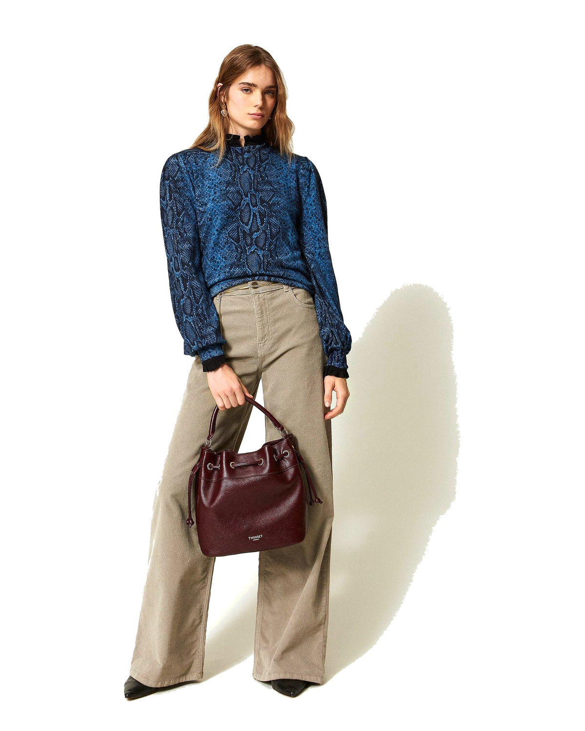 Twinset Milano pantaloni ampi in velluto a costine, colore mastice, immagine 5 di 6