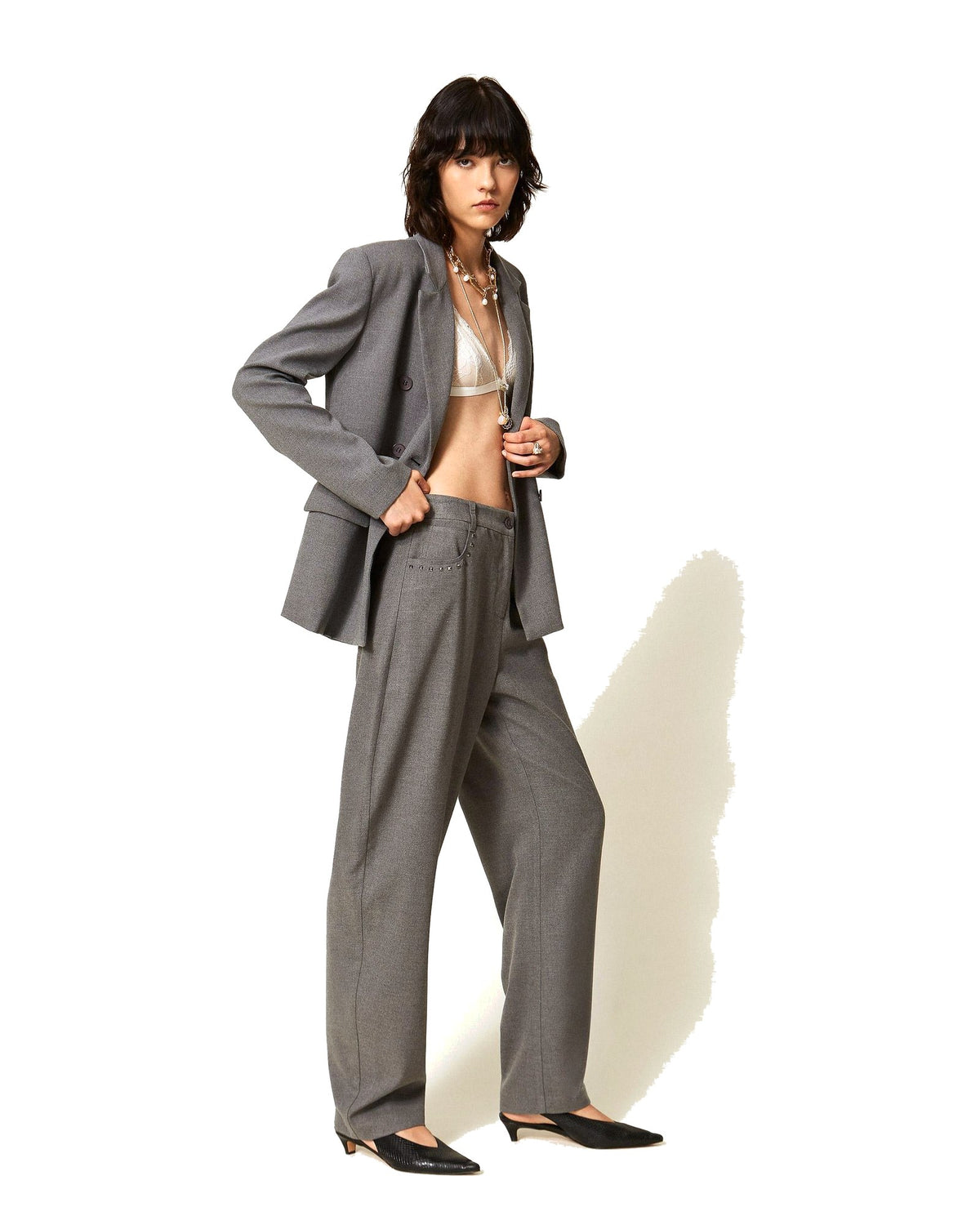 Twinset Milano pantaloni balloon in flanella, colore grigio melange, vista principale