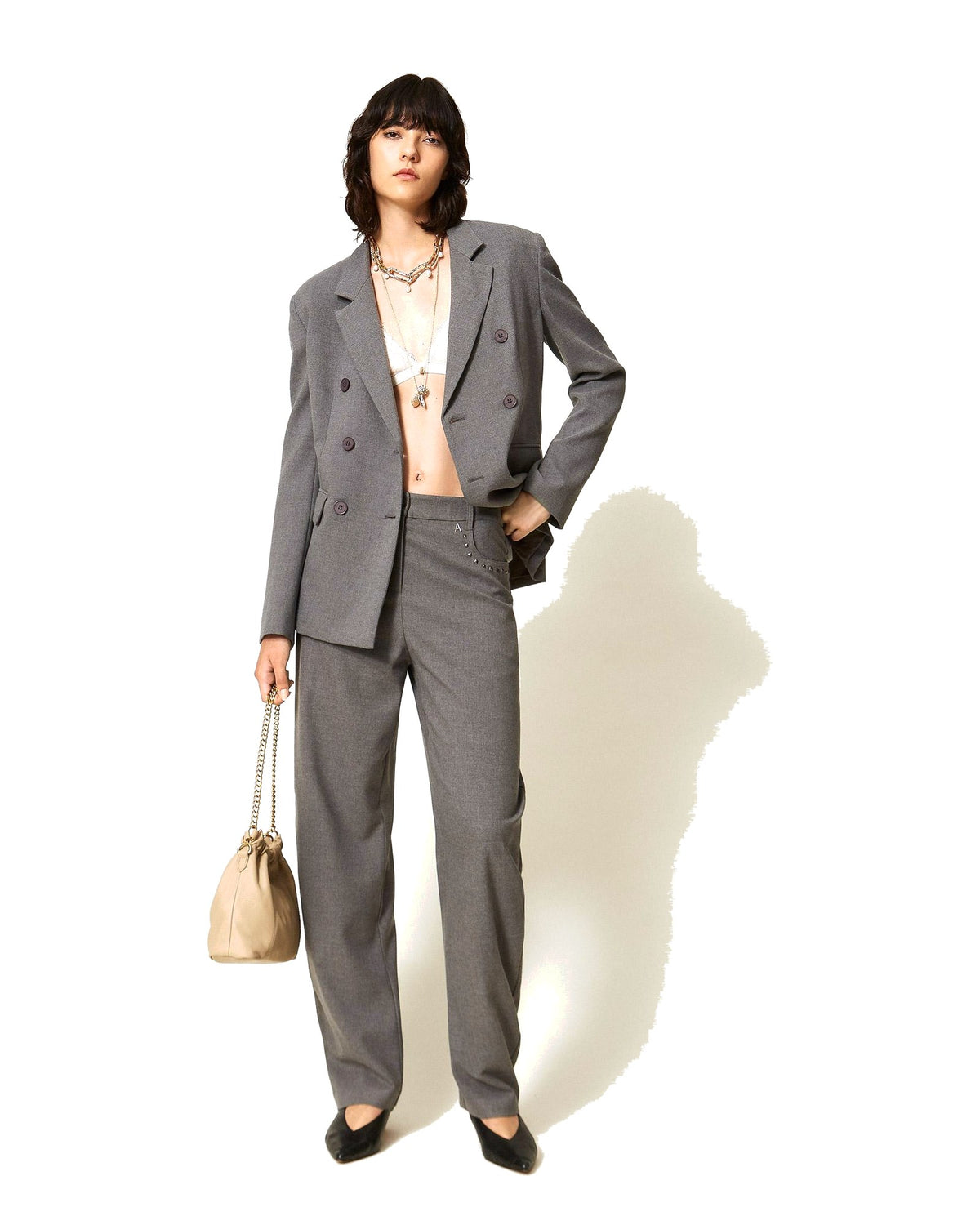 Twinset Milano pantaloni balloon in flanella, colore grigio melange, immagine 2 di 5
