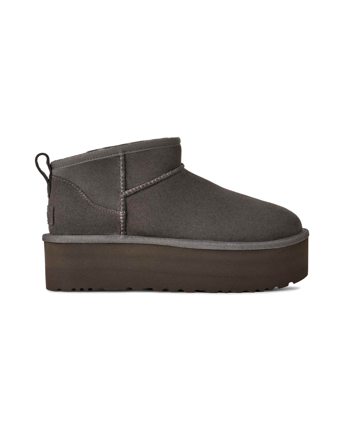 Stivaletto UGG Classic Ultra Mini Platform in pelle scamosciata con plateau, colore Charcoal, vista principale