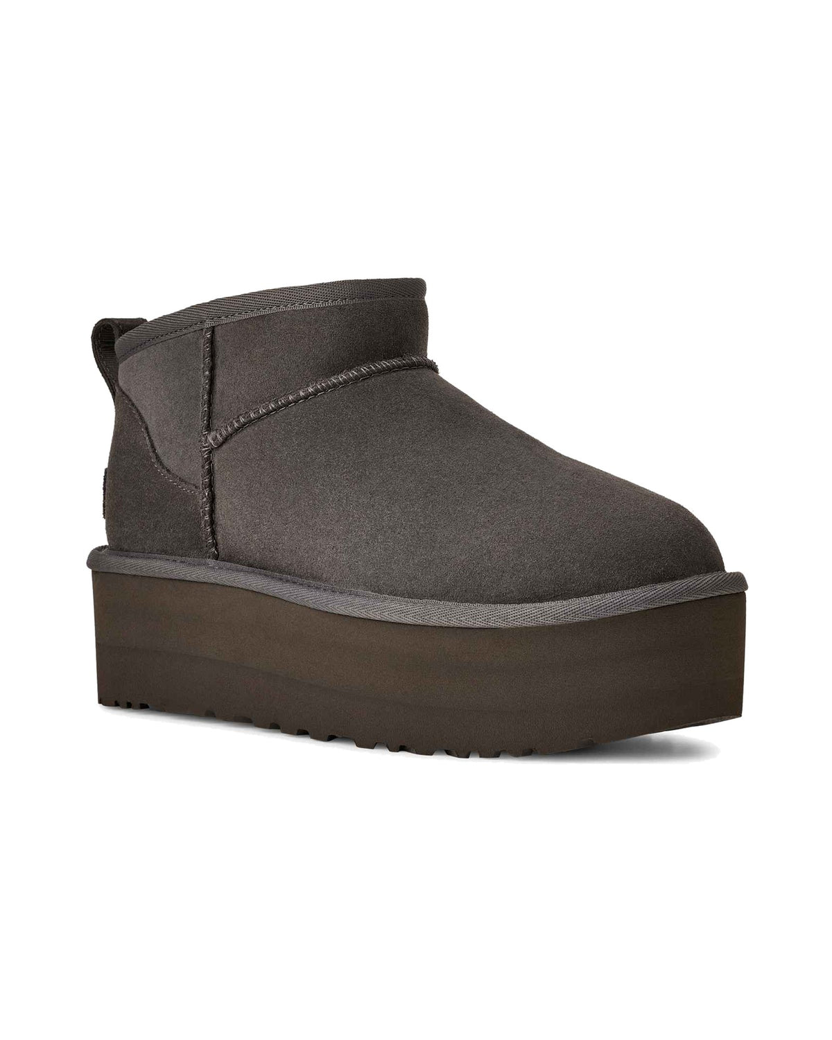 Stivaletto UGG Classic Ultra Mini Platform in pelle scamosciata con plateau, colore Charcoal, immagine 2 di 5