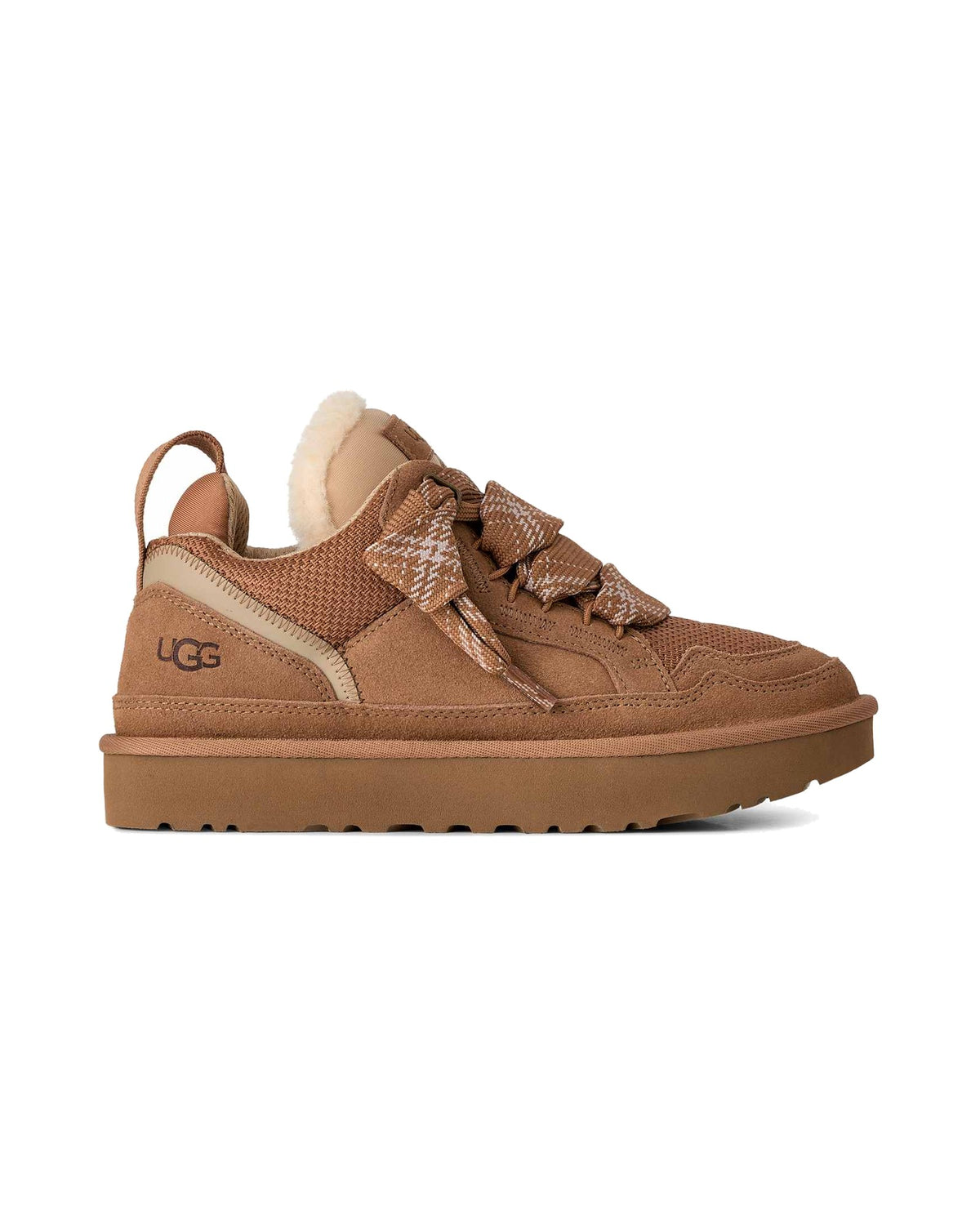 Sneakers basse UGG Lowmel in pelle scamosciata con inserti in rete, colore Chestnut, vista principale