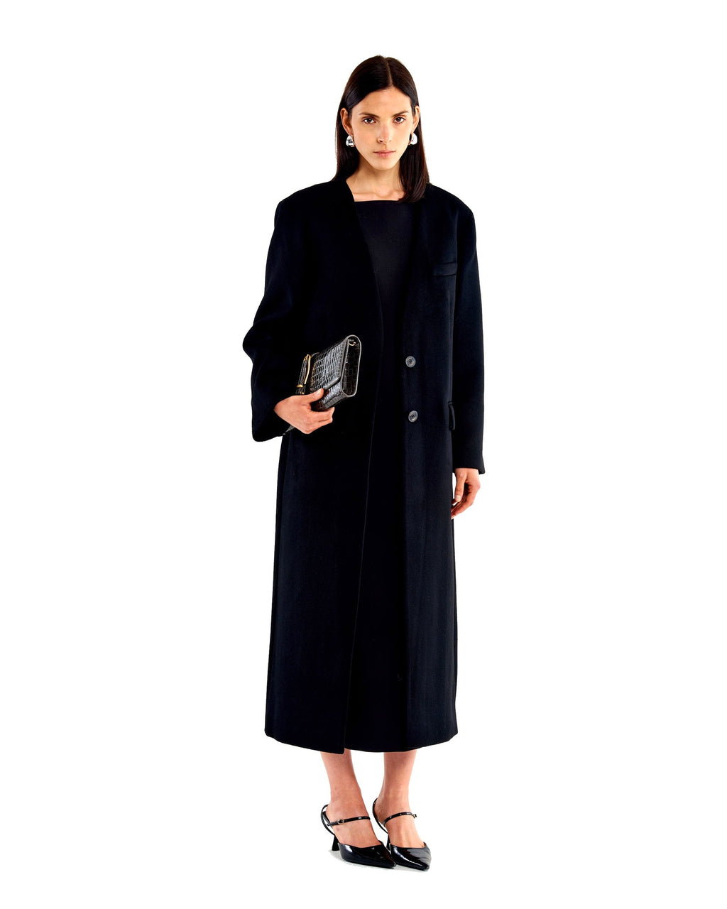 Vicolo cappotto lungo senza revers in misto lana, colore nero, vista principale