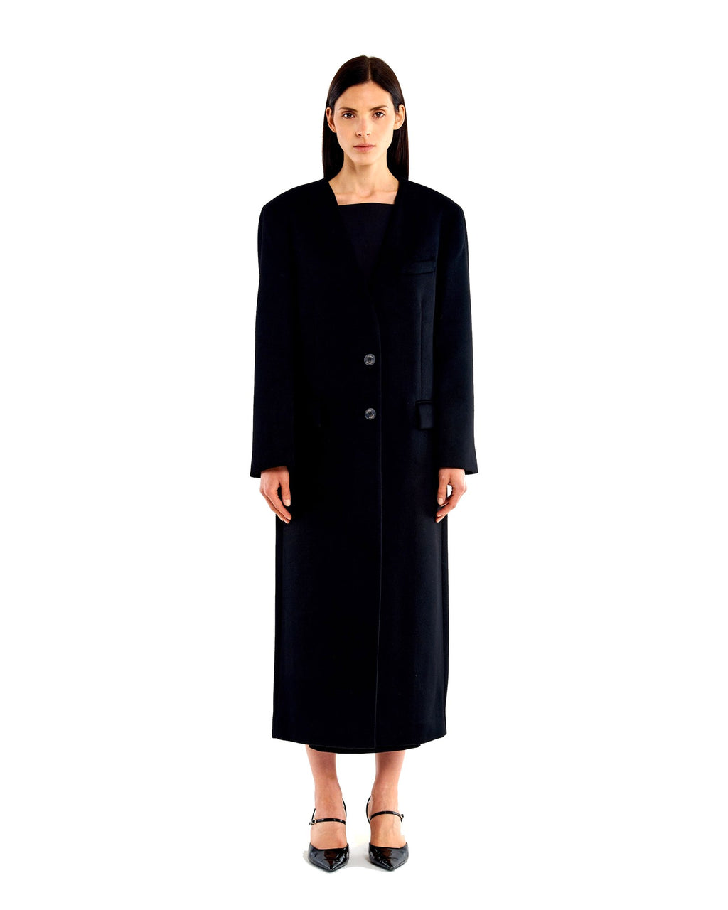 Vicolo cappotto lungo senza revers in misto lana, colore nero, immagine 2 di 3