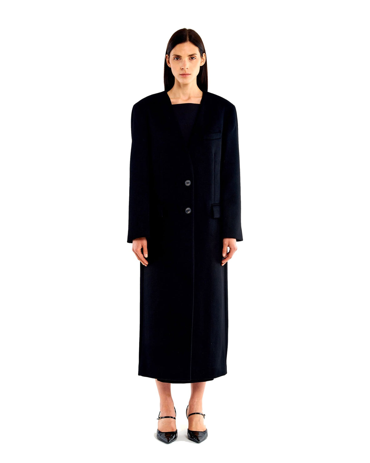Vicolo cappotto lungo senza revers in misto lana, colore nero, immagine 2 di 3