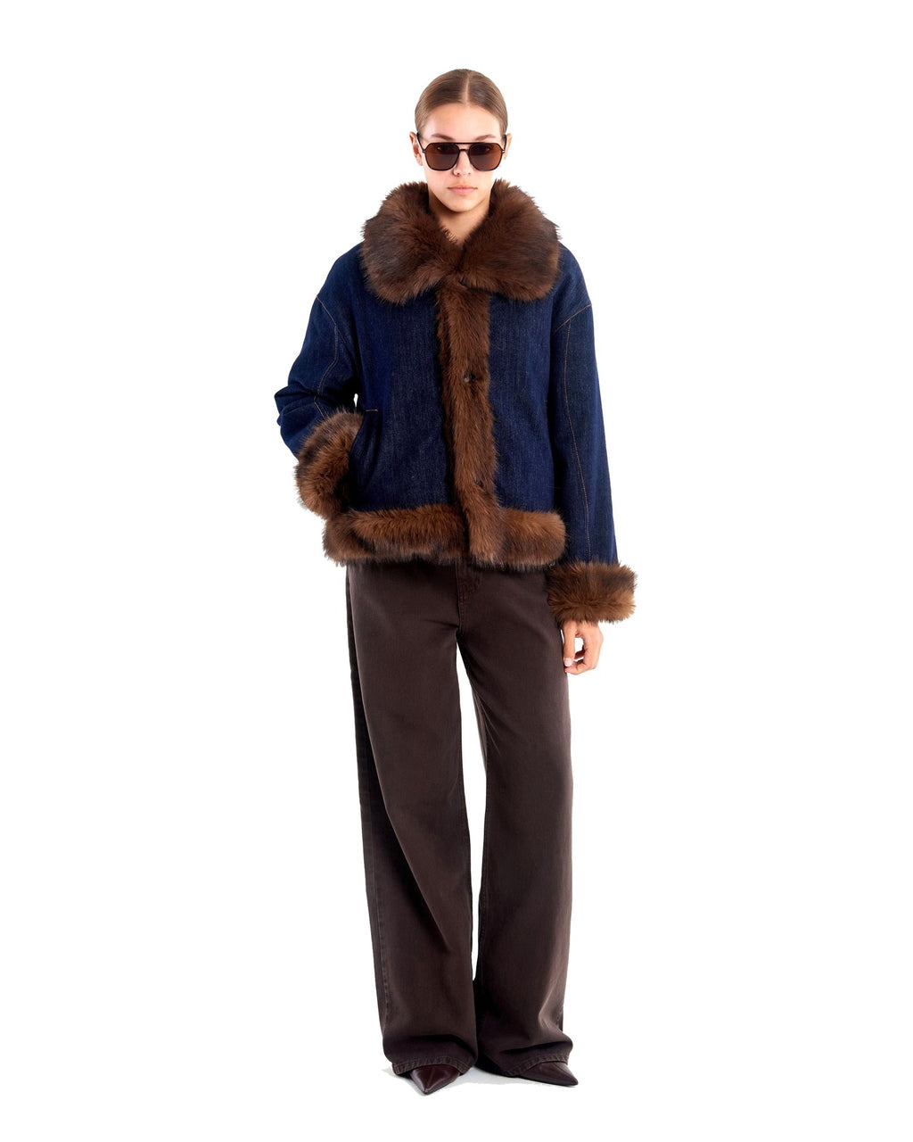 Vicolo giacca reversibile in denim e tessuto peluche, lato denim blu, vista principale