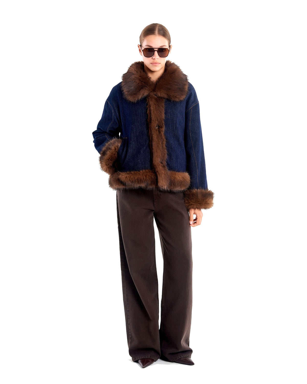 Vicolo giacca reversibile in denim e tessuto peluche, lato denim blu, vista principale