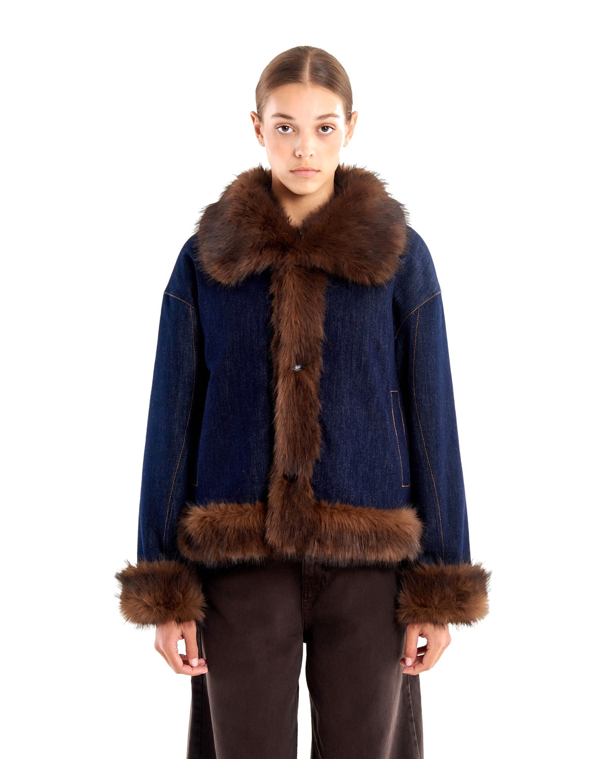 Vicolo giacca reversibile in denim e tessuto peluche, lato denim blu, immagine 2 di 5