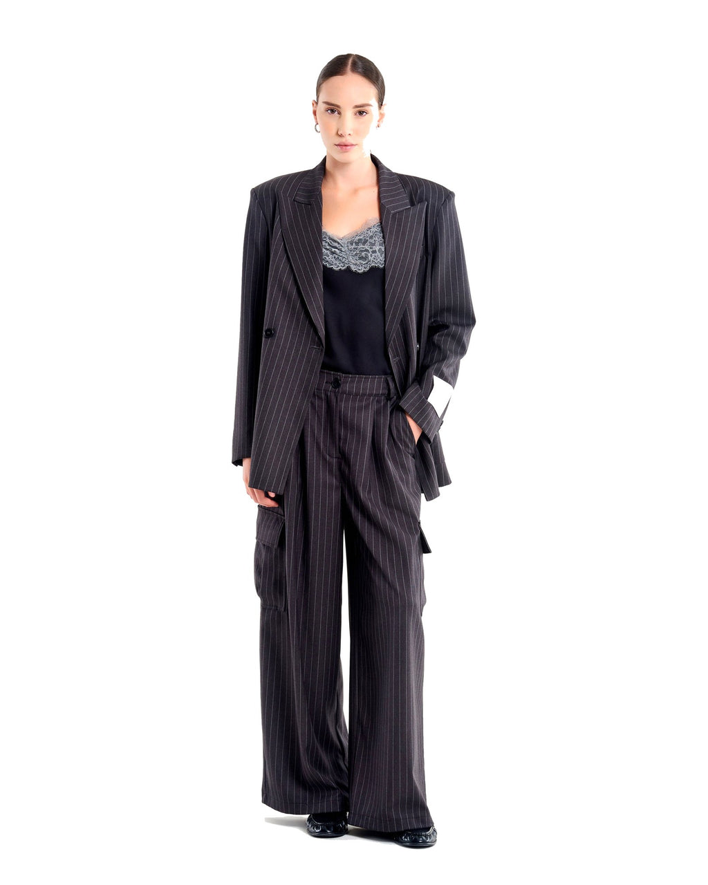 Vicolo pantaloni ampi gessati con tasconi, colore grigio gessato, vista principale