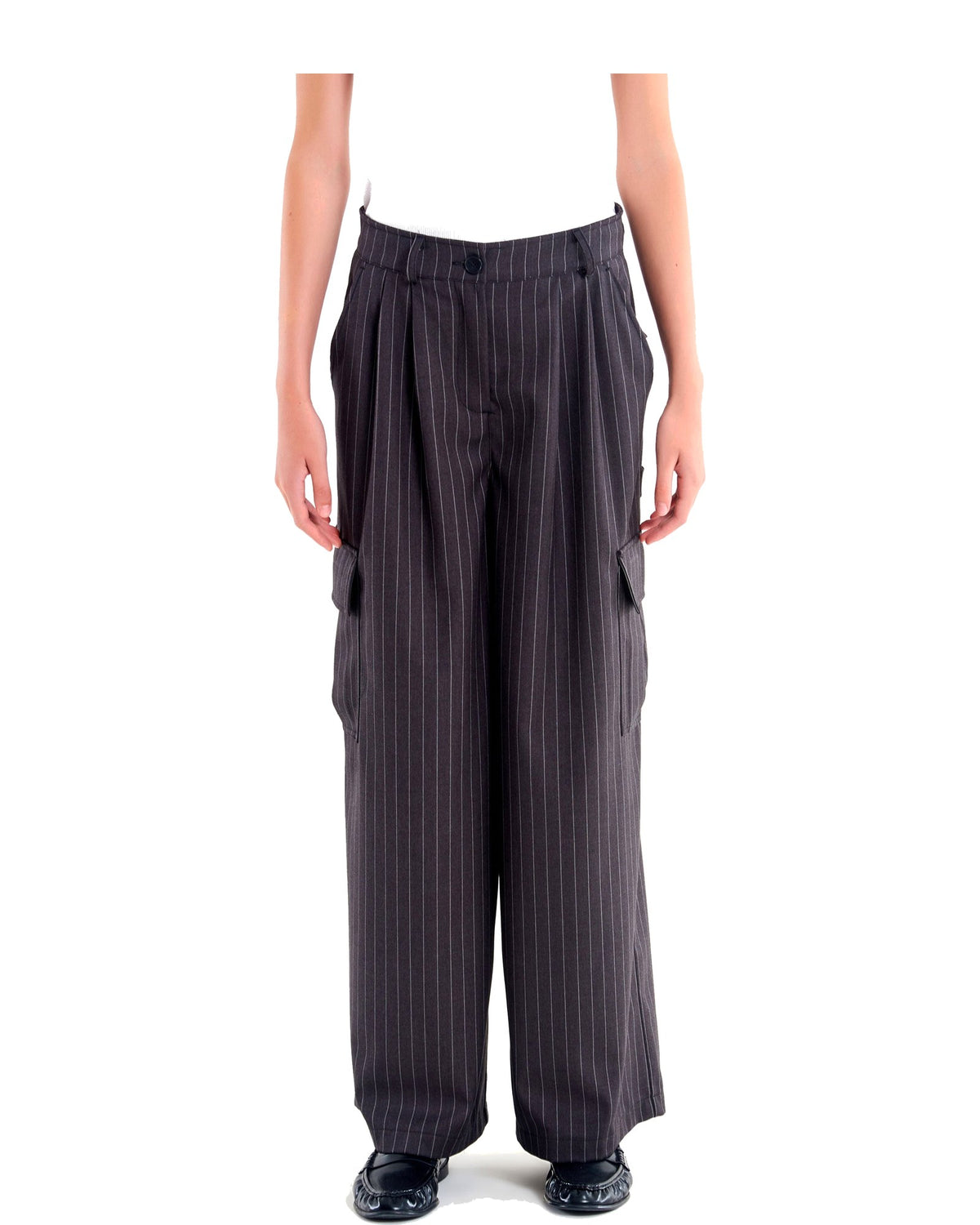 Vicolo pantaloni ampi gessati con tasconi, colore grigio gessato, immagine 2 di 3