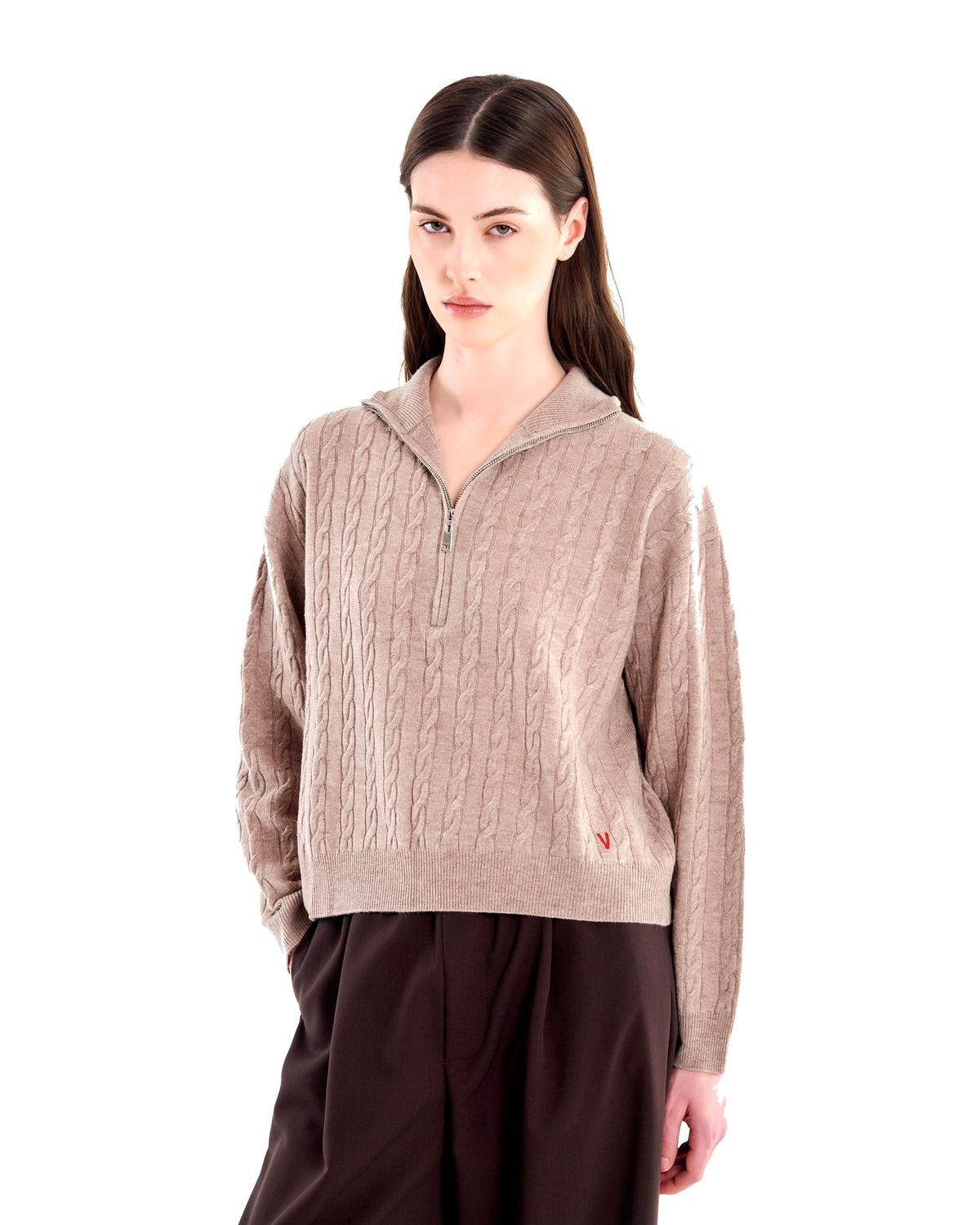 Vicolo pull camionneur a trecce in lana, colore beige, vista principale